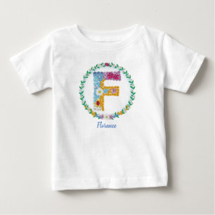 Camiseta Para Bebê Letras Flores Iniciais "F" com Nome Personalizado