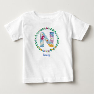 Camiseta Para Bebê Letras Flores Iniciais "N" com Nome Personalizado