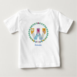 Camiseta Para Bebê Letras Flores Iniciais "W" com Nome Personalizado
