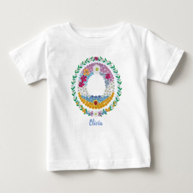 Camiseta Para Bebê Letras Flores "O" Inicial com Nome Personalizado (Frente)