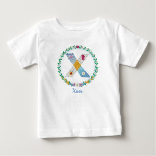 Camiseta Para Bebê Letras Flores "X" Inicial com Nome Personalizado