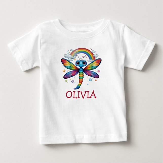 Camiseta Para Bebê Libélula Colorida Fofa com Arco-íris (Frente)