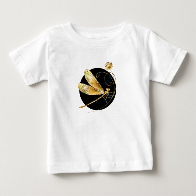 Camiseta Para Bebê libélula ouro em círculo preto (Frente)
