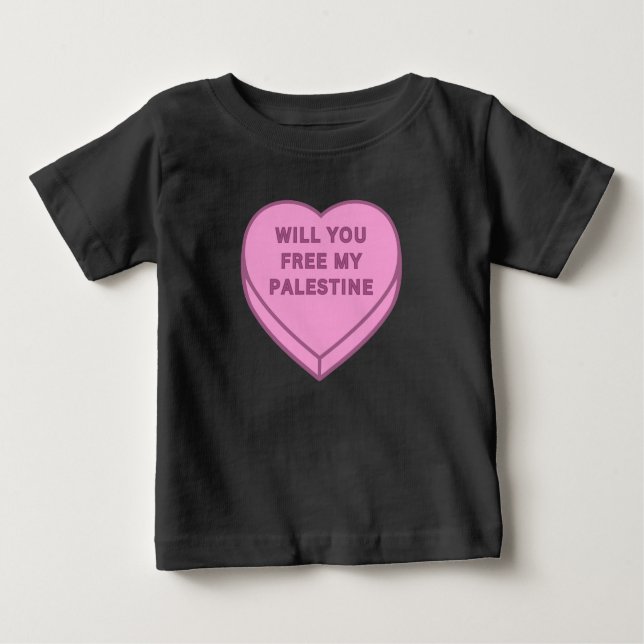 Camiseta Para Bebê Libertará a minha Palestina? Docinho doce doce (Frente)