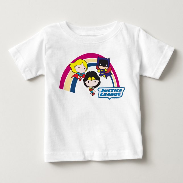 Camiseta Para Bebê Liga da Justiça Chibi - Arco-Íris (Frente)