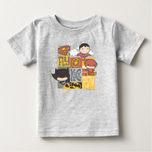 Camiseta Para Bebê Liga da Justiça Chibi   Voar, Chutar, Correr