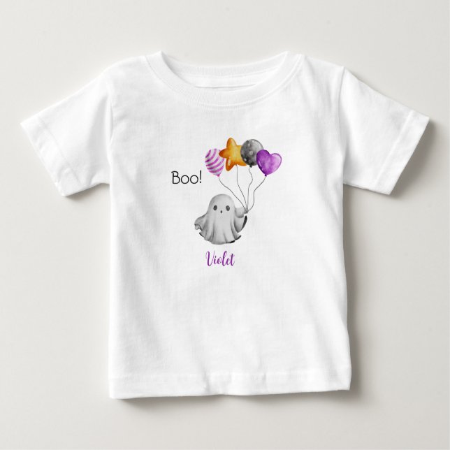 Camiseta Para Bebê Lil' Boo - Pequeno Fantasma Bonito Segurando Balõe (Frente)