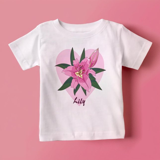 Camiseta Para Bebê Lily Heart Rosa (Pink Lily Heart Baby T-Shirt)