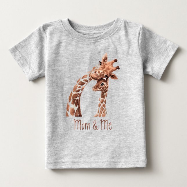 Camiseta Para Bebê Linda Aquarela Girafa Mãe e Eu Bebê (Frente)