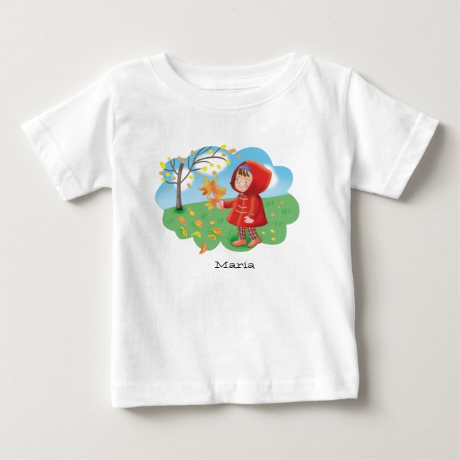 Camiseta Para Bebê Linda menina em um casaco vermelho colhendo folhas (Frente)