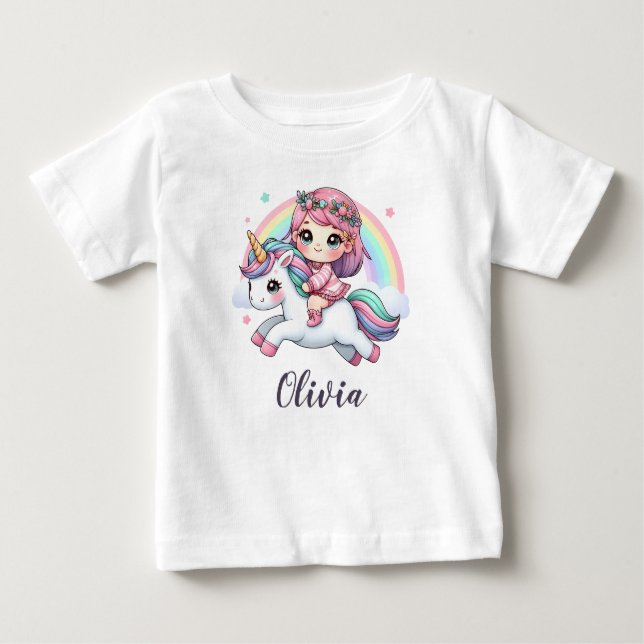 Camiseta Para Bebê Linda Menina no Unicórnio (Frente)