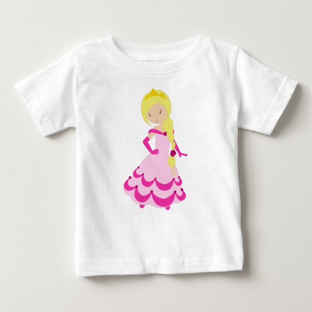 Camiseta Para Bebê Linda Princesa, Cabelo Loiro, Coroa, Vestido Rosa (Frente)