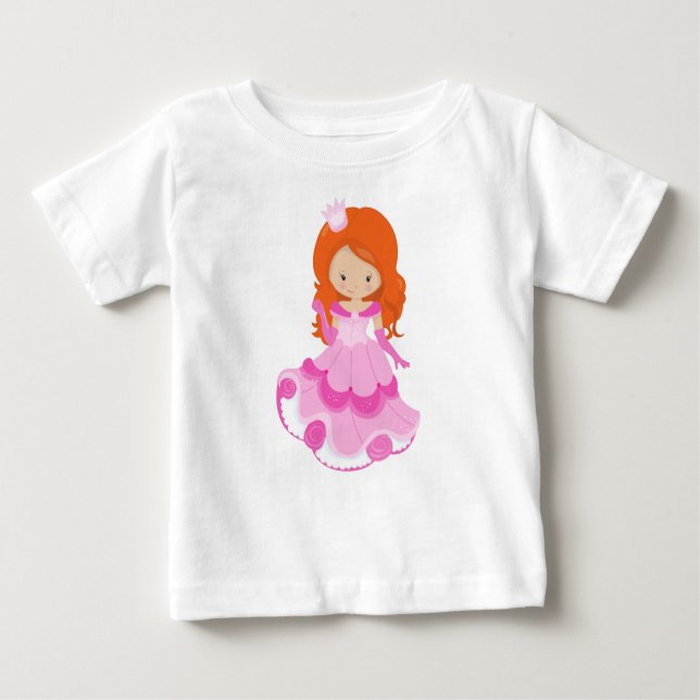 Camiseta Para Bebê Linda Princesa, Coroa, Vestido Rosa, Cabelo Laranj (Frente)