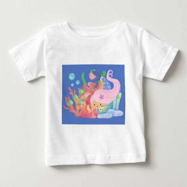 Camiseta Para Bebê Linda sereia-do-cabelo-rosa brincando abraçando um (Frente)