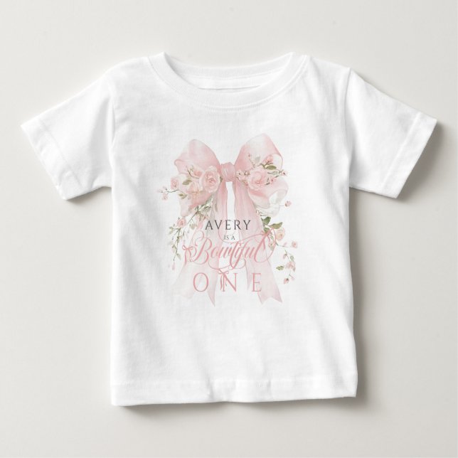 Camiseta Para Bebê Linda Um 1º Aniversário Arco Floral Meninas (Frente)