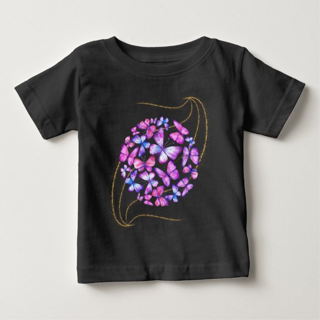Camiseta Para Bebê Lindas Borboletas de Aquarela com Bling Dourado (Frente)