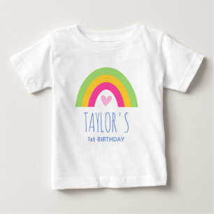 Camiseta Para Bebê Lindo Aniversário de 1 Ano Arco-íris Nome Personal