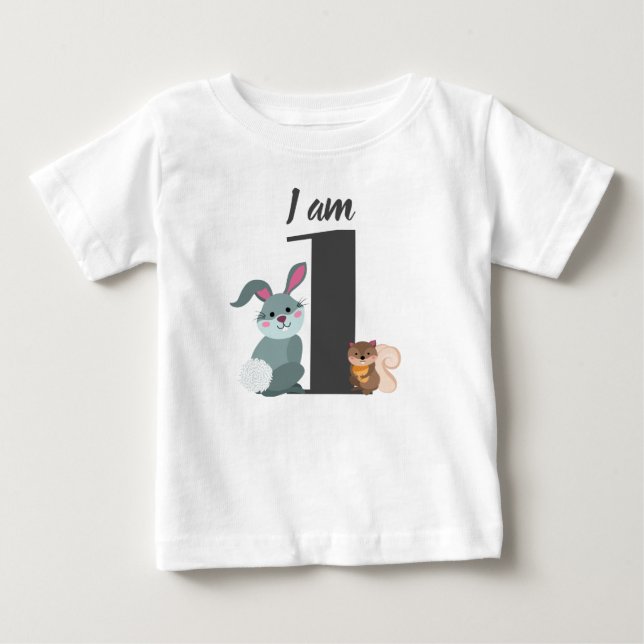 Camiseta Para Bebê Lindo aniversário de 1 ano Esquilo Coelho (Frente)