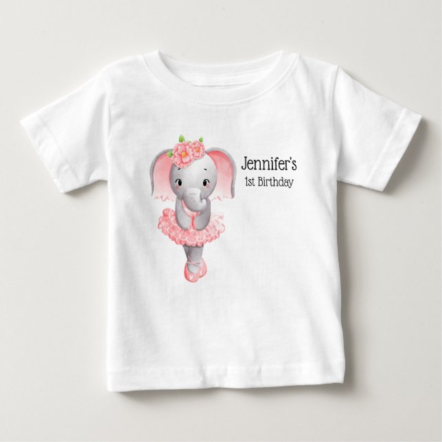 Camiseta Para Bebê Lindo Aniversário de Bailarina Elefante Rosa e Cin (Frente)