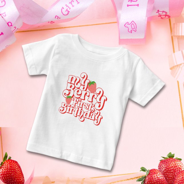 Camiseta Para Bebê Lindo Aniversário de Um Ano da Baga Rosa Vermelha (Criador carregado)