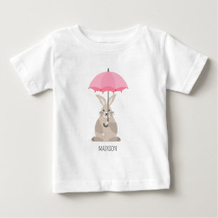 Camiseta Para Bebê Lindo coelho com guarda-chuva nome personalizado