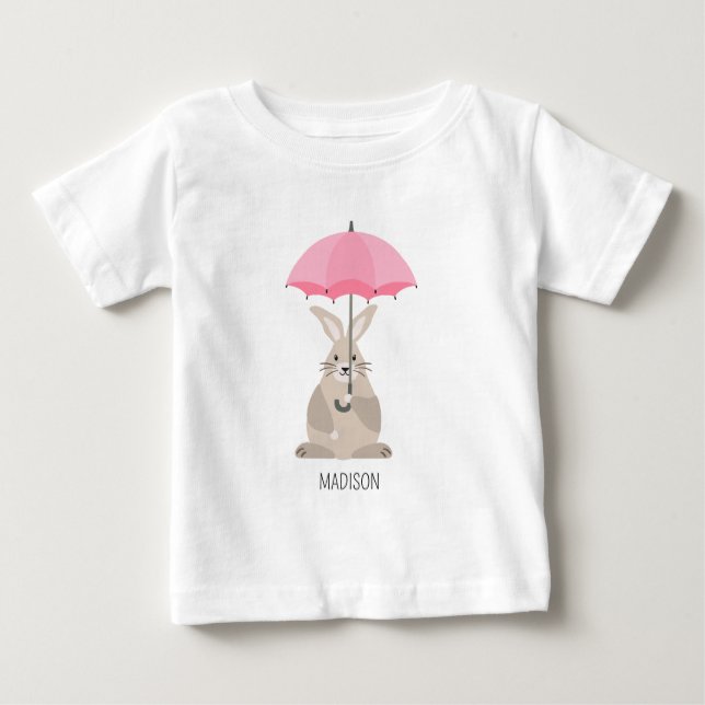 Camiseta Para Bebê Lindo coelho com nome personalizado de guarda-chuv (Frente)