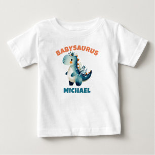 Camiseta Para Bebê Lindo Dinossauro Azul em Aquarela Nome Babysaurus