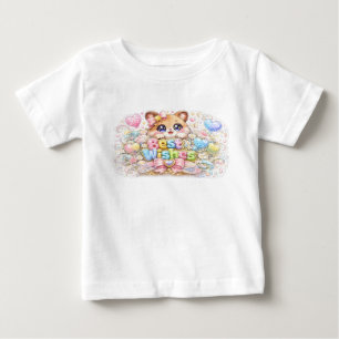 Camiseta Para Bebê Lindo Kawaii Desejos Felicidades Gato Rosa Pastel
