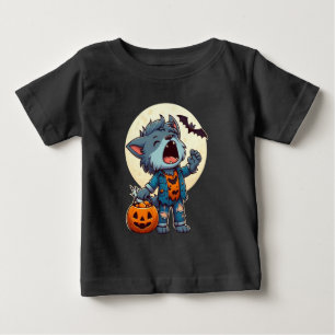 Camiseta Para Bebê Lindo monstro lobisomem uivando com abóbora