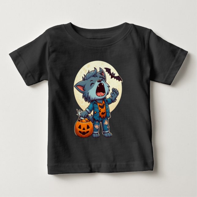 Camiseta Para Bebê Lindo monstro lobisomem uivando com abóbora (Frente)