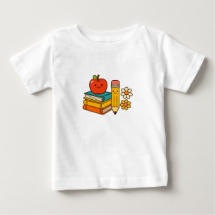 Camiseta Para Bebê Lindo Retro Volta às Aulas Maçã e Livros Infantil