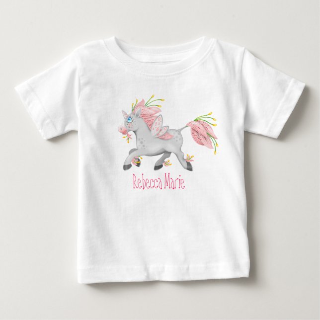 Camiseta Para Bebê Lindo Unicórnio Fada Flor com Orquídeas (Frente)