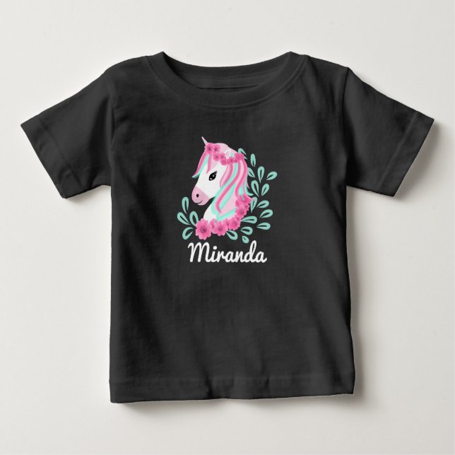 Camiseta Para Bebê Lindo Unicórnio mágico nome personalizável (Frente)