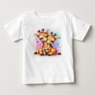 Camiseta Para Bebê Lindos Girafas Gêmeos Aquarela Abraçando Crianças