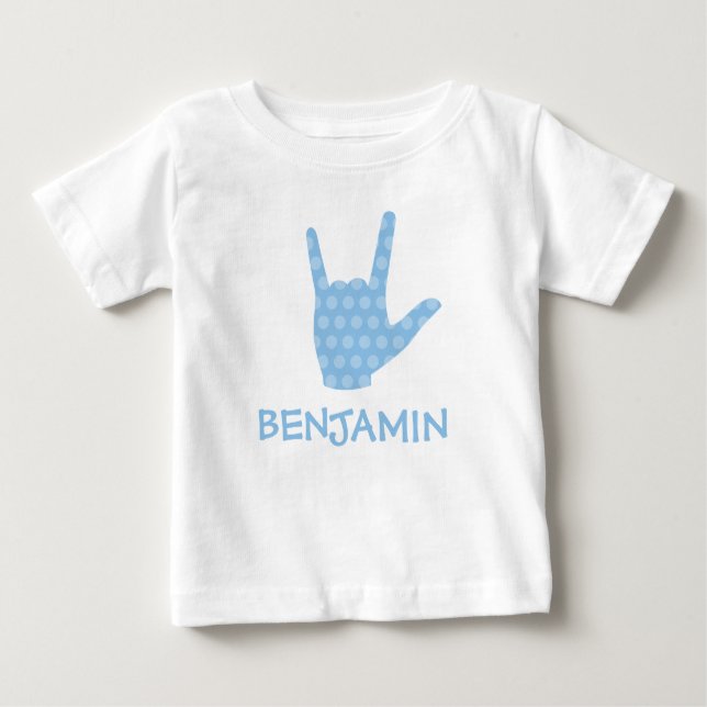Camiseta Para Bebê Linguagem de Sinais ASL Amo-Te Ditos Azuis Nome do (Frente)