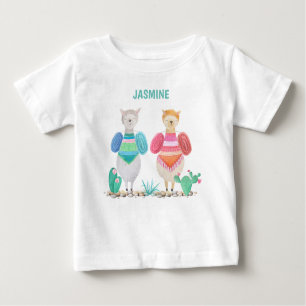 Camiseta Para Bebê Llama e Cactos Watercolor Personalizados