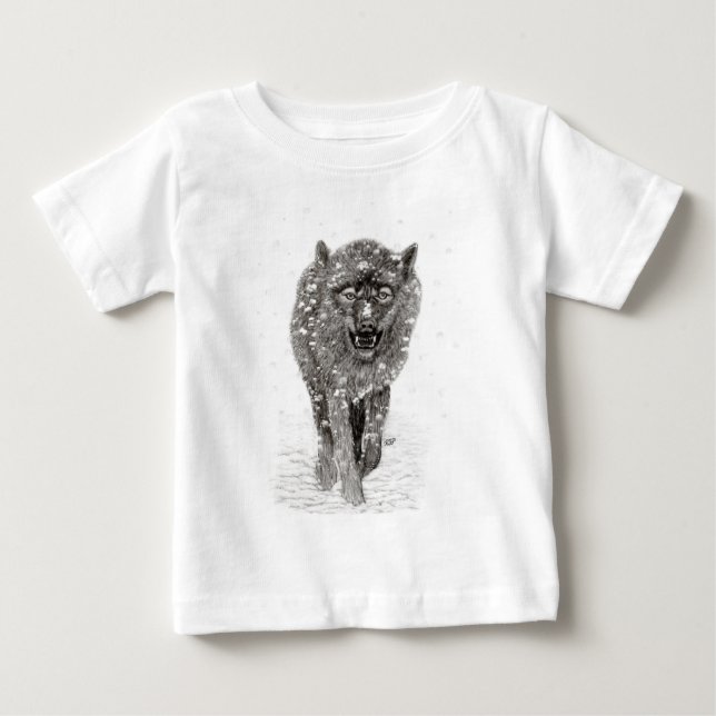 Camiseta Para Bebê Lobo Negro Zangado na Neve, inverno selvagem (Frente)