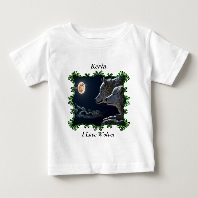 Camiseta Para Bebê Lobos cinzas a olhar para a lua de cheio (Frente)