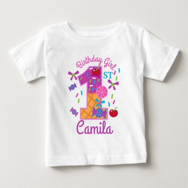 Camiseta Para Bebê Lolipe de Primeiro Aniversário da Candyland (Frente)