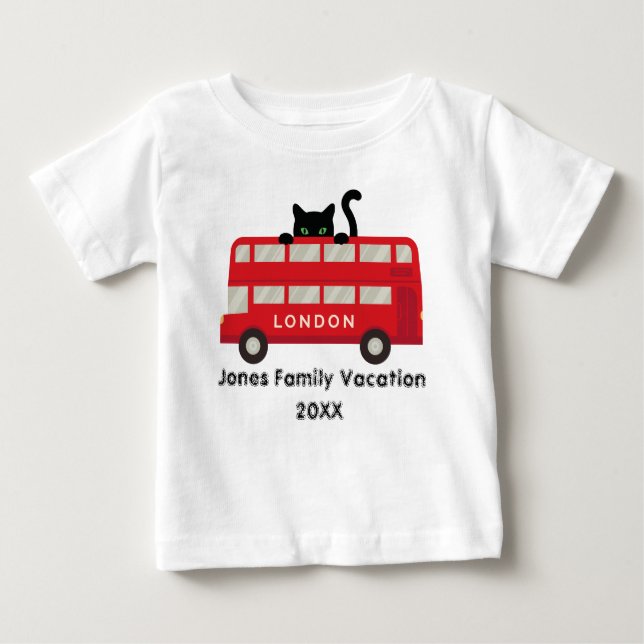 Camiseta Para Bebê Londres Reino Unido Red Bus Cat férias de família (Frente)