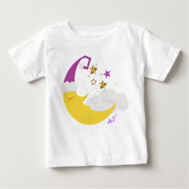 Camiseta Para Bebê Lua com sono, chapéu roxo e estrelas Douradas