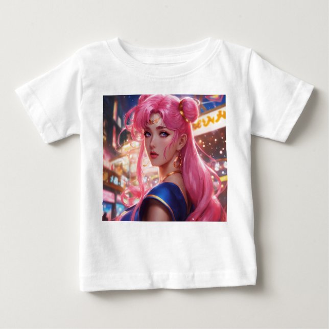 Camiseta Para Bebê Lua de vela com cabelo rosa (Frente)