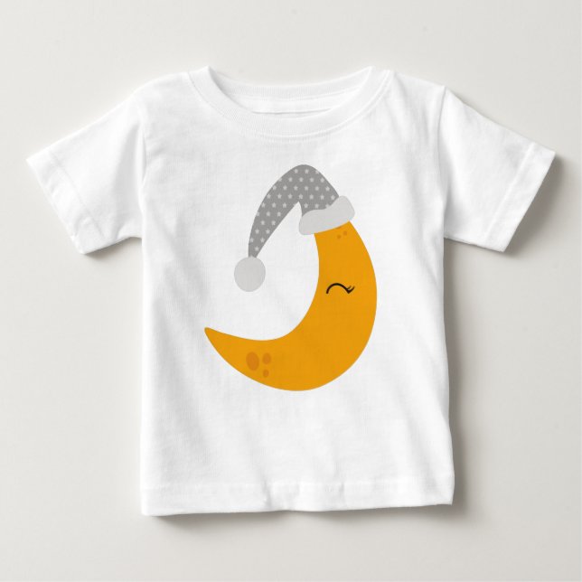 Camiseta Para Bebê Lua Dormindo, Chapéu Noturno, Lua Fresca, Lua Amar (Frente)