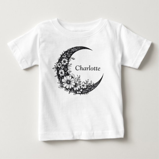 Camiseta Para Bebê Lua e Flores Arte com Nome Personalizável (Frente)