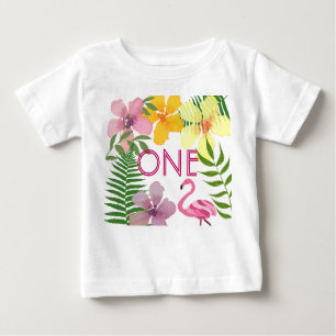Camiseta Para Bebê Luau primeiro aniversario Girl Pink Flamingo