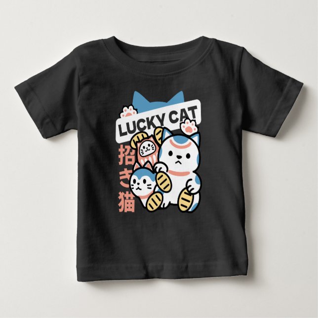 Camiseta Para Bebê Lucky Cat Art – Maneki Neko with Gold Coin (Frente)