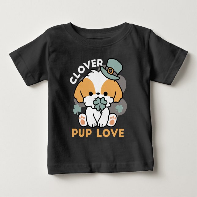 Camiseta Para Bebê Lucky Pup com Clover - Rua. Presente no Dia de Pat (Frente)