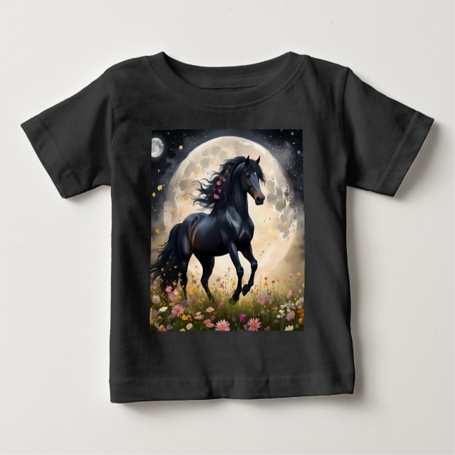 Camiseta Para Bebê Lunar Elegância: Cavalo de Fantasia Negra com Lua (Frente)