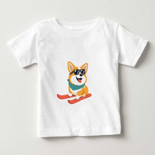 Camiseta Para Bebê Lustiger Corgi em esquis (Frente)
