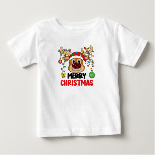 Camiseta Para Bebê Luzes de Natal Alegres com Rena Fofa